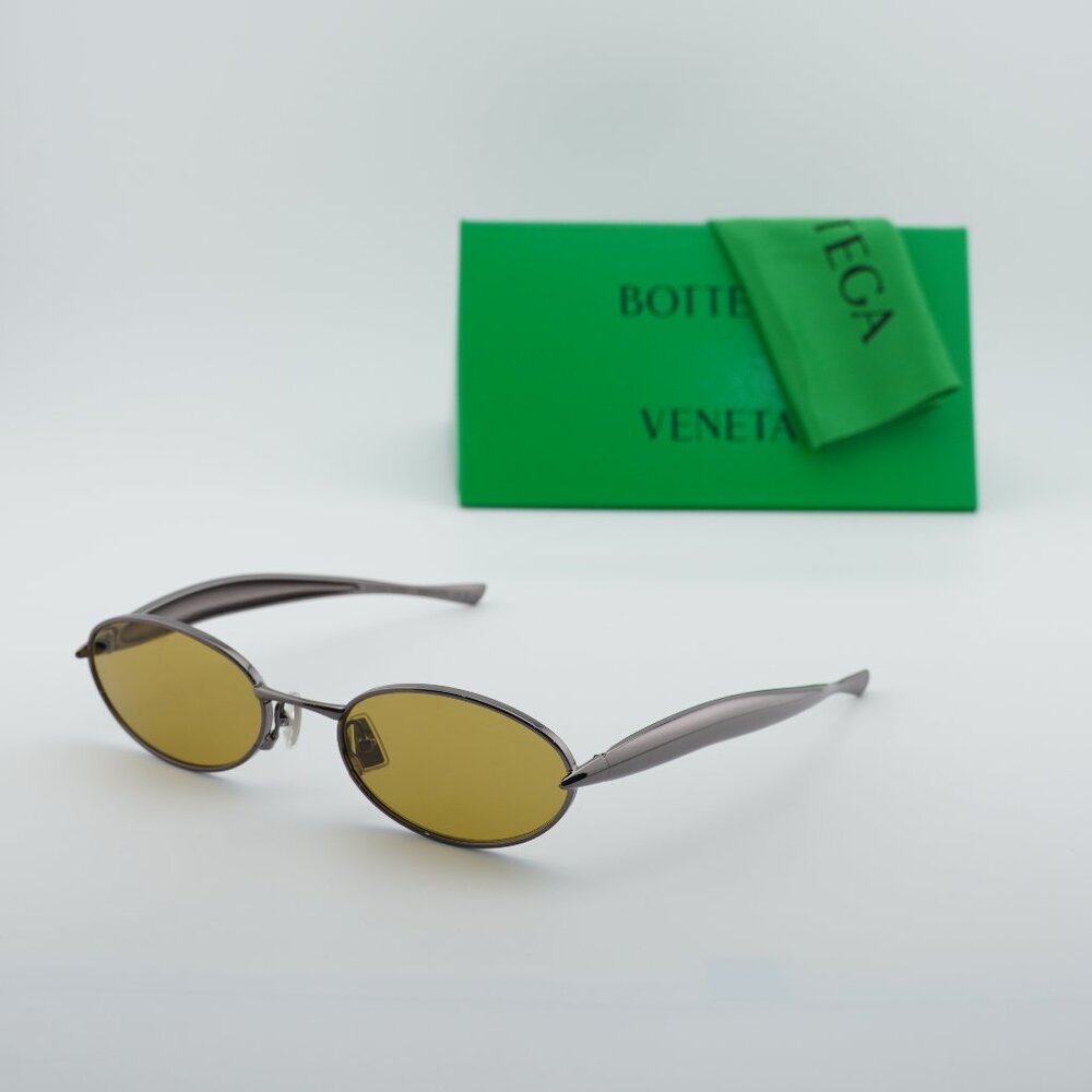 Bottega Veneta BV1386S 002 Oval Sunglasses - Shiny Dark Ruthenium/Yellow